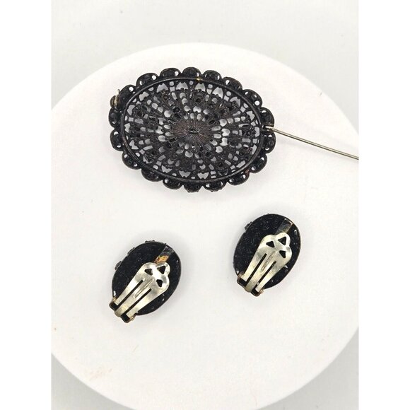 Antique Deco Czech Black and Blue Brooch and Matching Clip Earrings Japanned - Picture 4 of 6